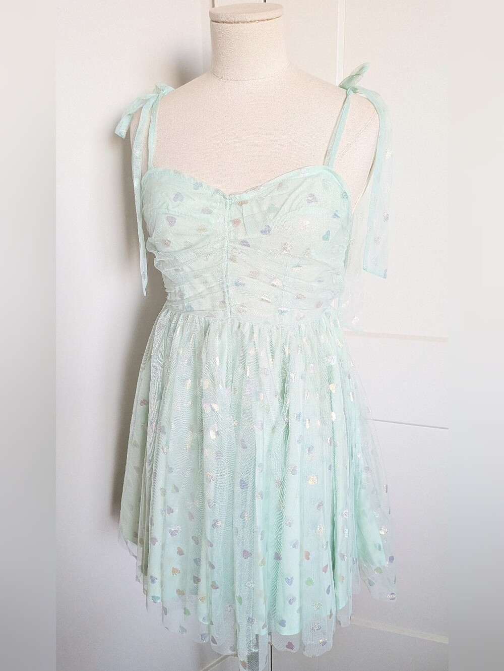 SHEIN Mint Green Holographic Heart Mesh Tie Strap Cami Dress S